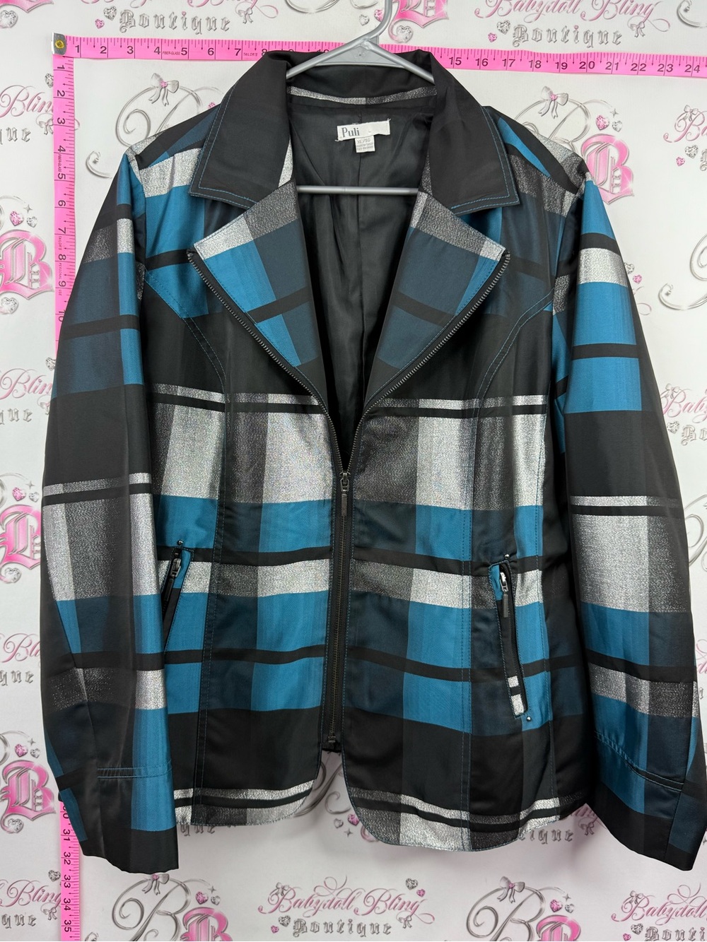 Puli coat jacket blazer Teal, Black & Silver Plaid Zip Jacket